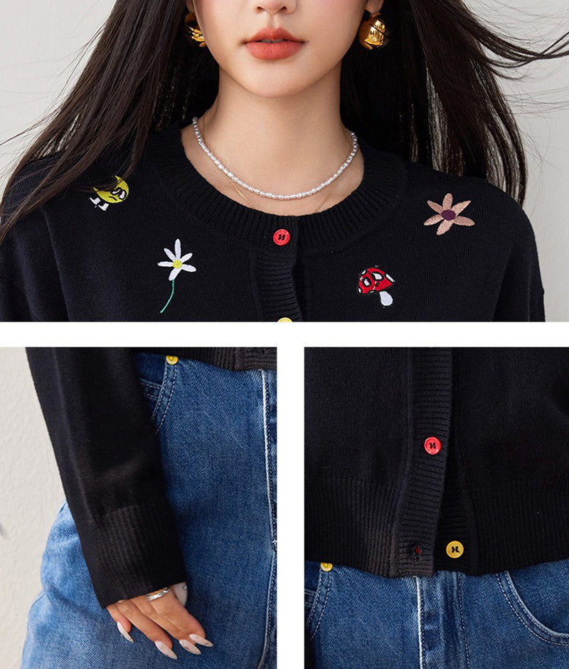 彩扣小花刺繡針織衣
