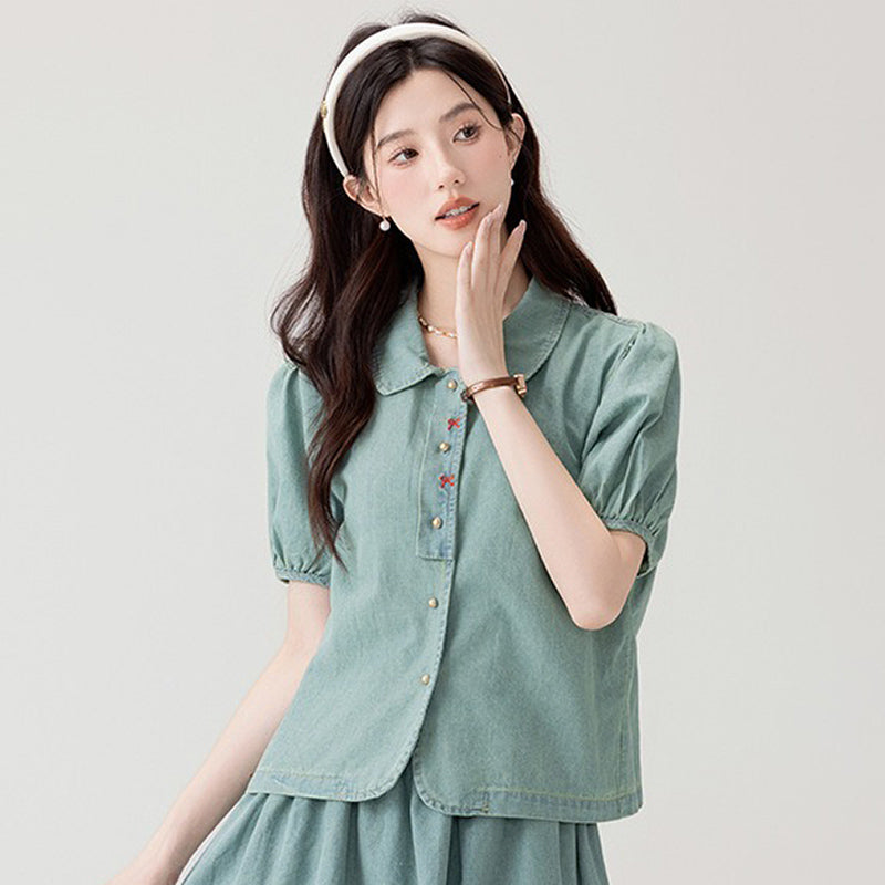 polo領蝴蝶結刺繡牛仔襯衫