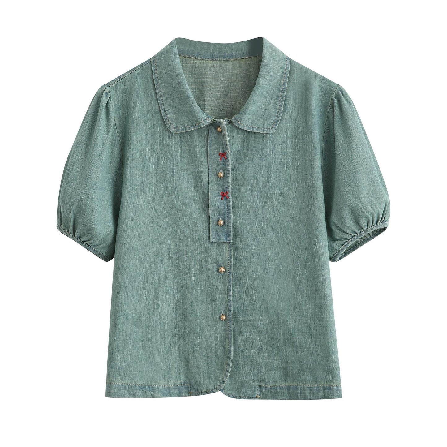 polo領蝴蝶結刺繡牛仔襯衫