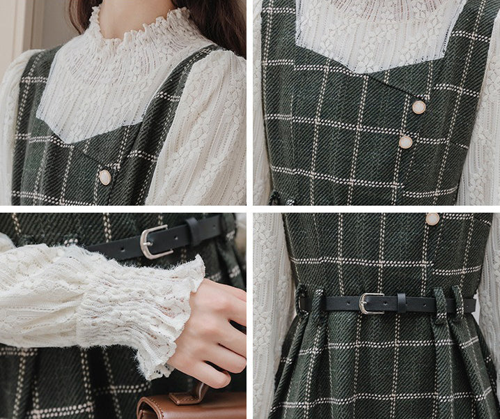 假兩件拼接蕾絲襯衫格子洋裝