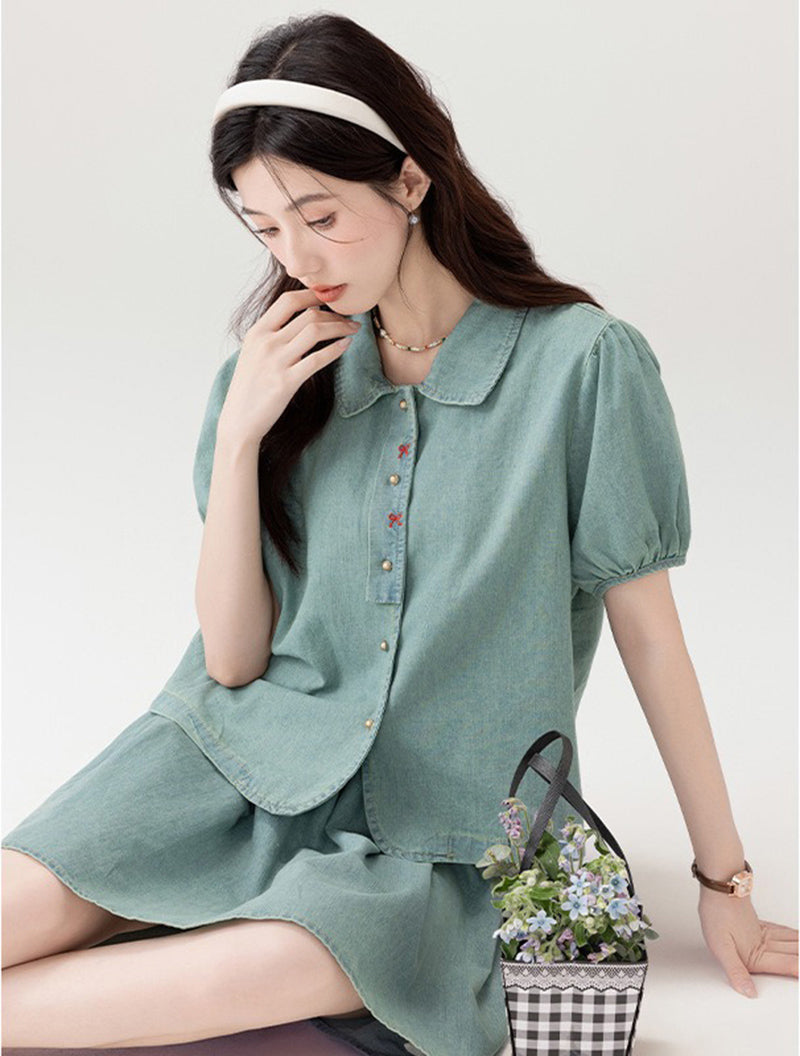 polo領蝴蝶結刺繡牛仔襯衫