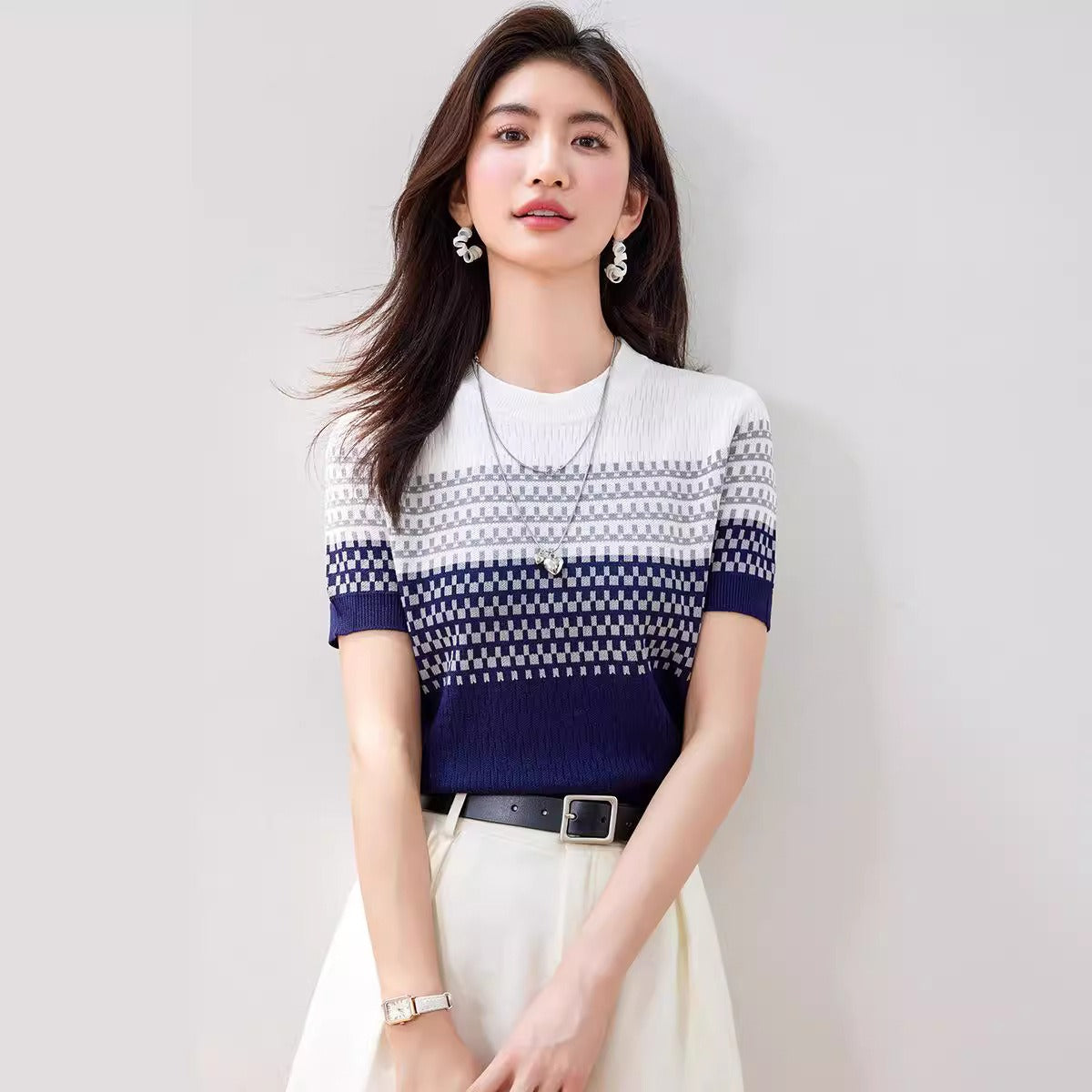 提花條紋冰絲針織衫