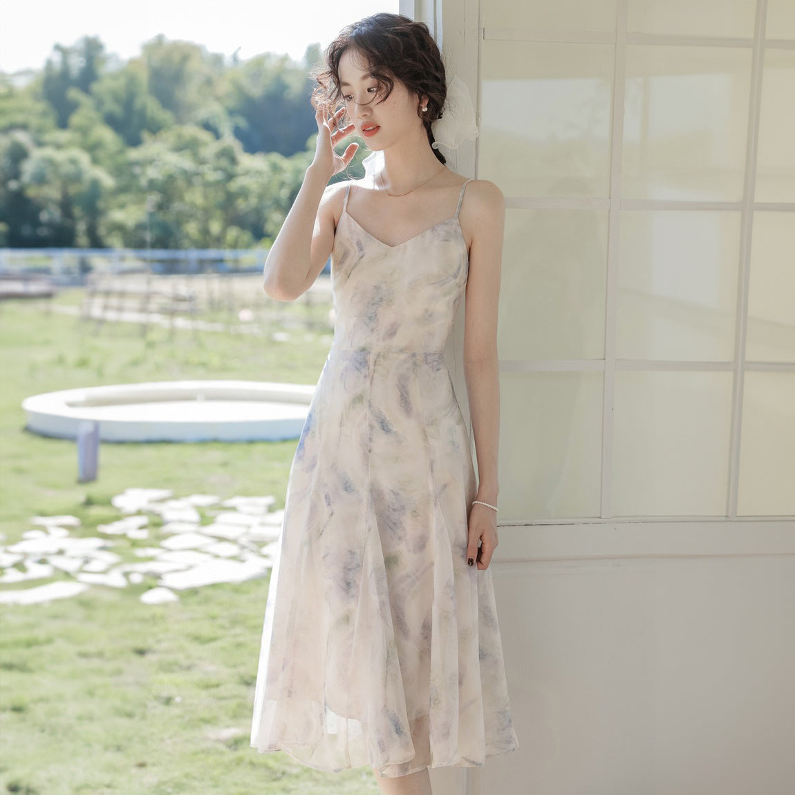 水墨印花吊帶洋裝/花邊袖外套