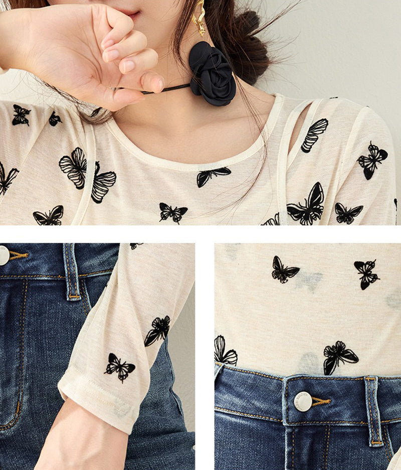 假兩件印花蝴蝶T恤