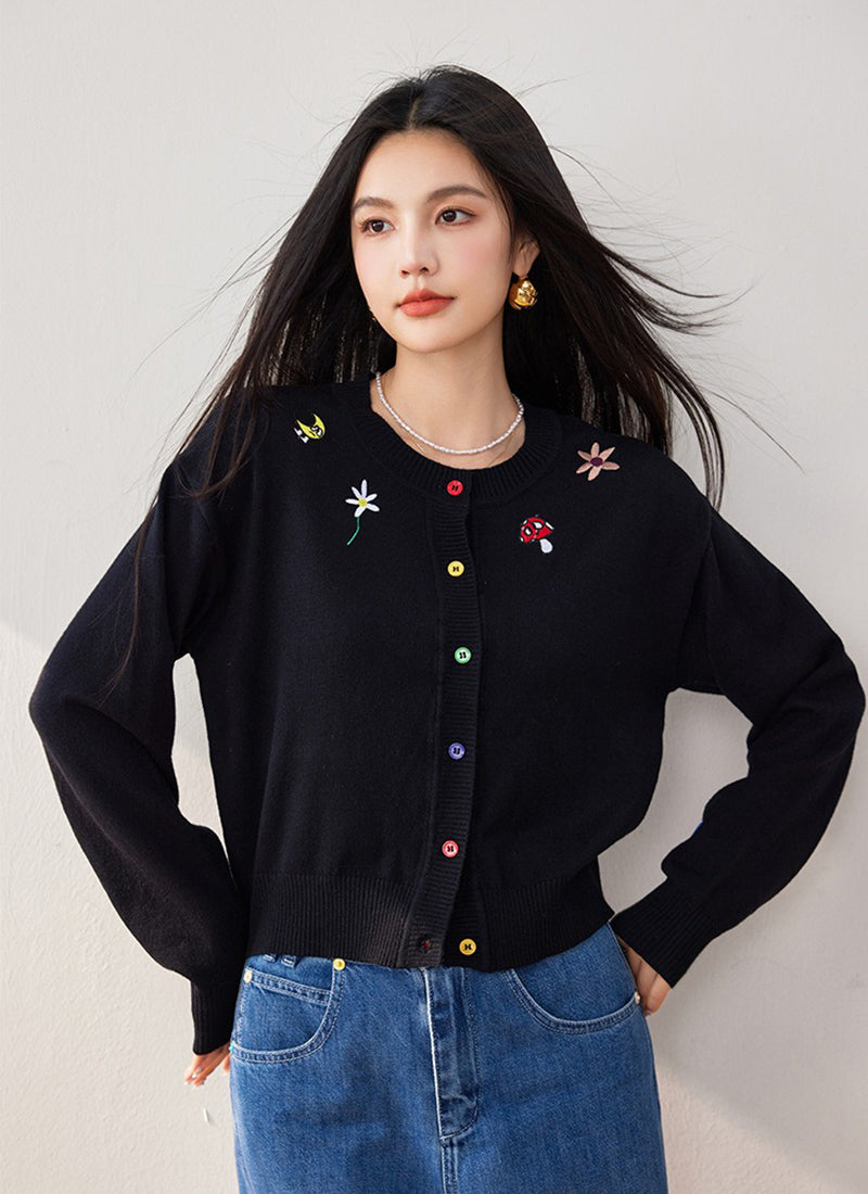 彩扣小花刺繡針織衣