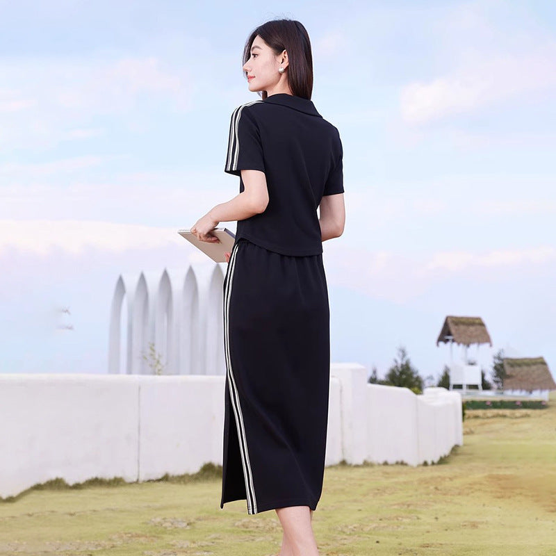 V領側條紋拉鍊上衣/中長裙