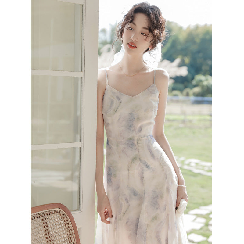 水墨印花吊帶洋裝/花邊袖外套