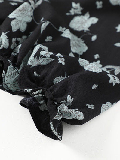 V領泡泡袖碎花洋裝