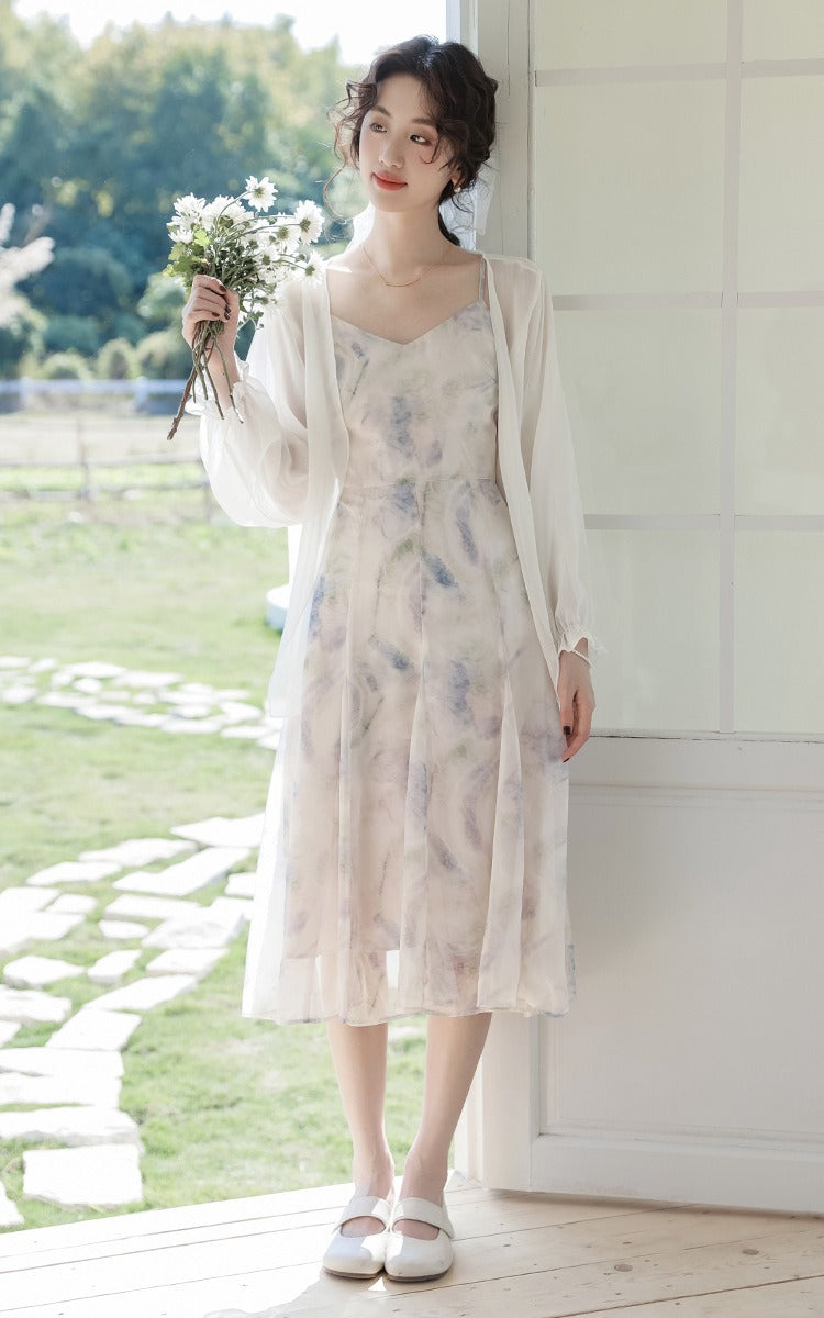水墨印花吊帶洋裝/花邊袖外套