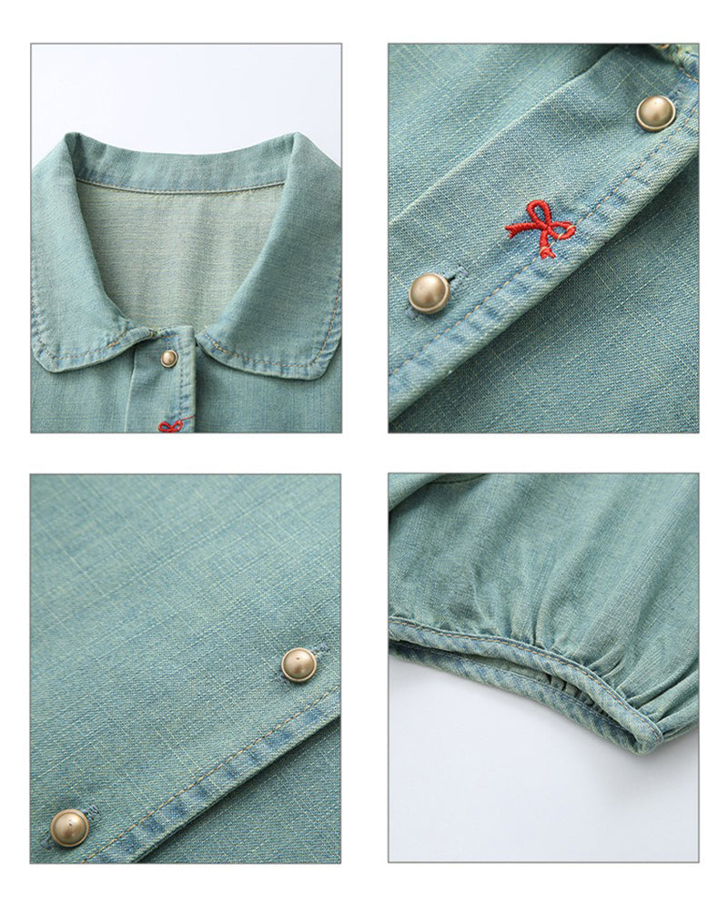 polo領蝴蝶結刺繡牛仔襯衫